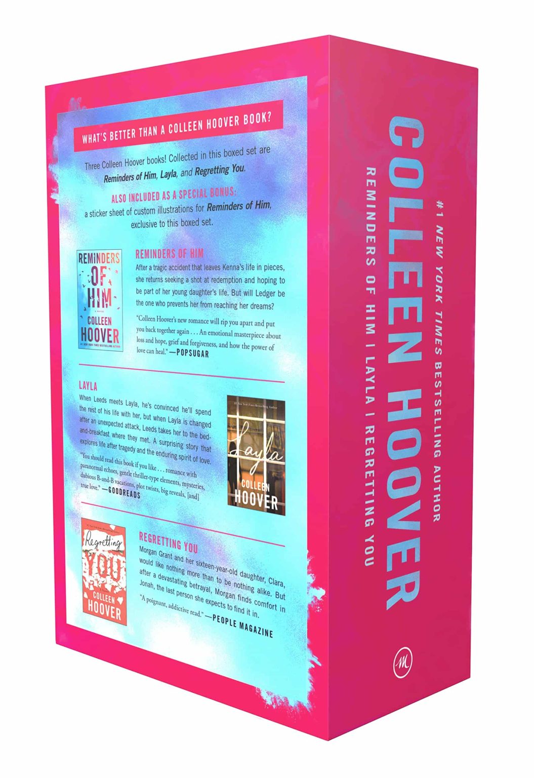 Colleen Hoover 3-Book Boxed Set: Reminders of Him, Layla, Regretting You Paperback  Box set( Also included as a special bonus: a sticker sheet of custom illustrations for Reminders of Him, exclusive to this boxed set)