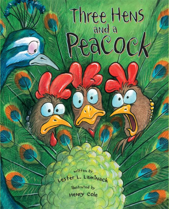 Three Hens and a Peacock:
