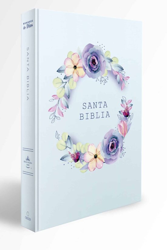 Biblia RVR 1960 letra grande, manual, tapa dura con nombres de Dios, flores azul  / Spanish Bible RVR 1960 Handy Size, LP, HC with Names of God, blue flowers